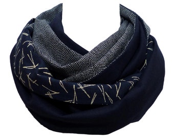 WOOL & Japanese COTTON, navy Infinity Scarf, Patchwork Fabrics, warm Snood winter, mens womens, ecru beige, polka dots