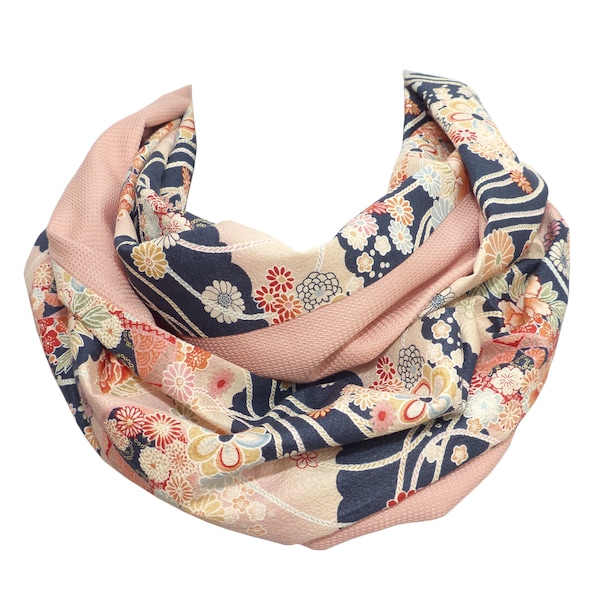 SILK peach & COTTON floral, Scarf Salmon pink + navy and multicolored pastel ivory blush pattern, for women