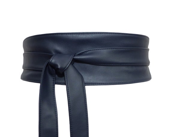 Navy Obi Waist Belt Vegan Leather, Blue Wide Faux Nappa Wrap  display picture 3