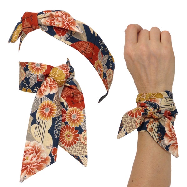 Japanese Fabric scarf, floral geometric, burnt orange taupe, Headband wrap, wrist bracelet, hat purse band, skinny, neck bow, hair tie.