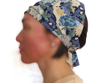 Kopftuch / Haartuch blau / beige, Kranich Blumen Muster, breit Haarband / Bandana, Baumwolle, Damen