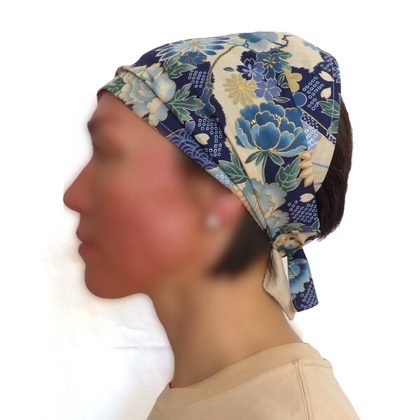 Head / Hair scarf, bleu beige cotton fabric, floral & cranes, self-tie wide headband / Kerchief, women's