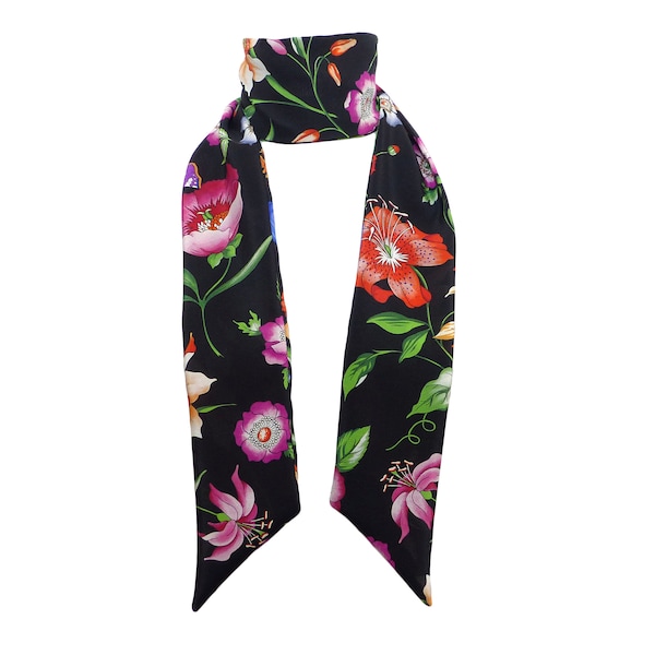 Foulard Soie Haute Couture, skinny scarf, noir vert rouge bleu, fleurs fleuri floral, aa twill Echarpe, longue fine, Maxi