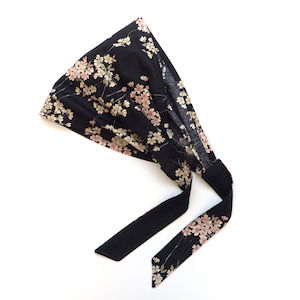 Head / Hair scarf, black Japanese cotton fabric, pastell pink / beige cherry blossomes, self-tie wide headband / Kerchief, women&#39;s
