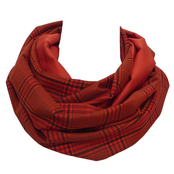 LAINE & COTON, Echarpe Orange Rouille Terracotta, Tissu tartan / rayures / carreaux, Snood double face tour de cou, homme femme