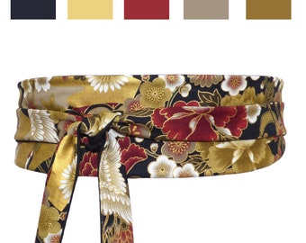 Floral Obi Belt, Black Gold Taupe Dark red, Japanese cotton Fabric, colorful sash / Waist / Wide wrap belt, kimono dress, womens
