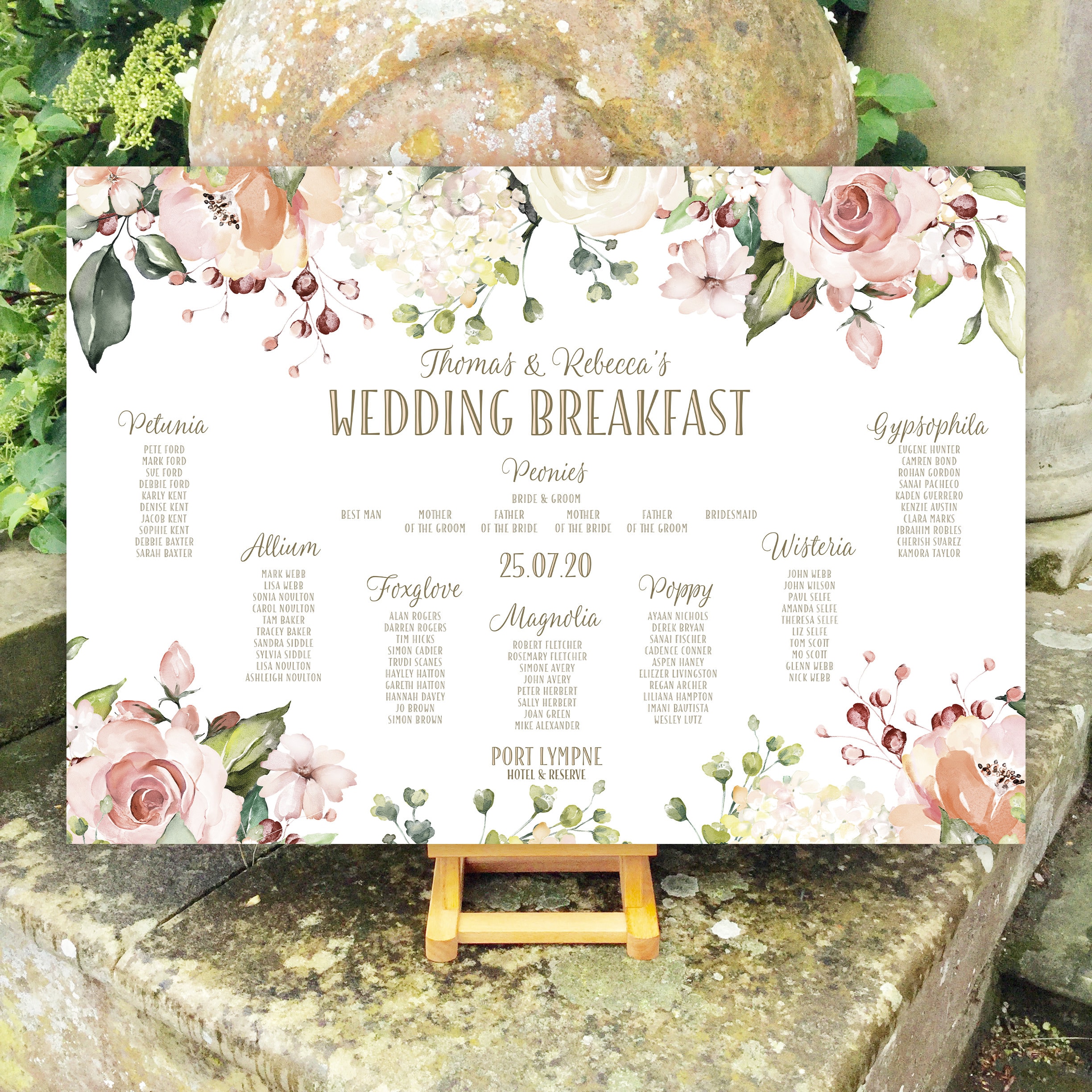 Floral Wedding Table Plan And Seating Chart Peach And White Roses