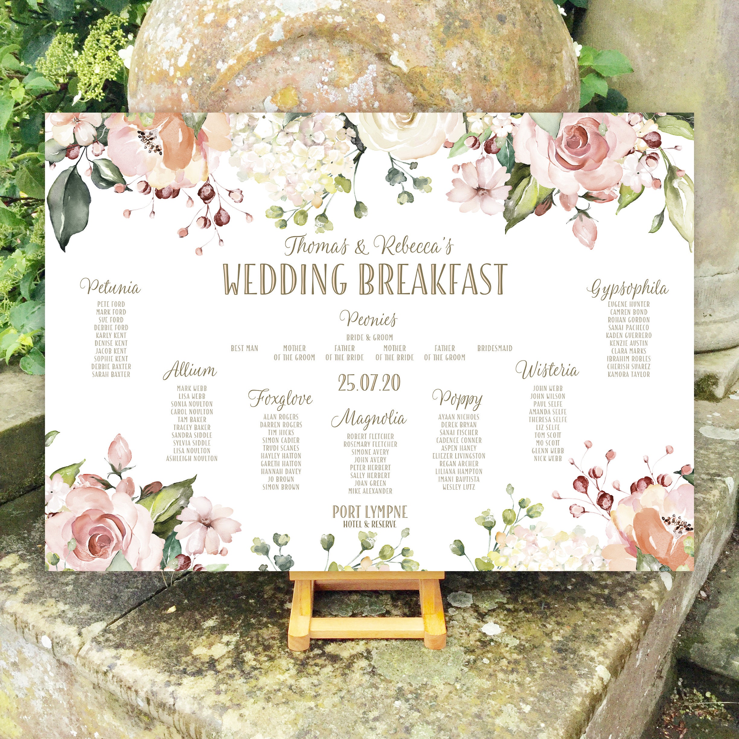 Floral Wedding Table Plan And Seating Chart Peach And White Roses