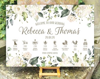 Wedding WELCOME sign | White Roses and Hydrangea Floral | TIMELINE Order of the Day | PRINTED on Board, Poster or Digital | Fast Delivery