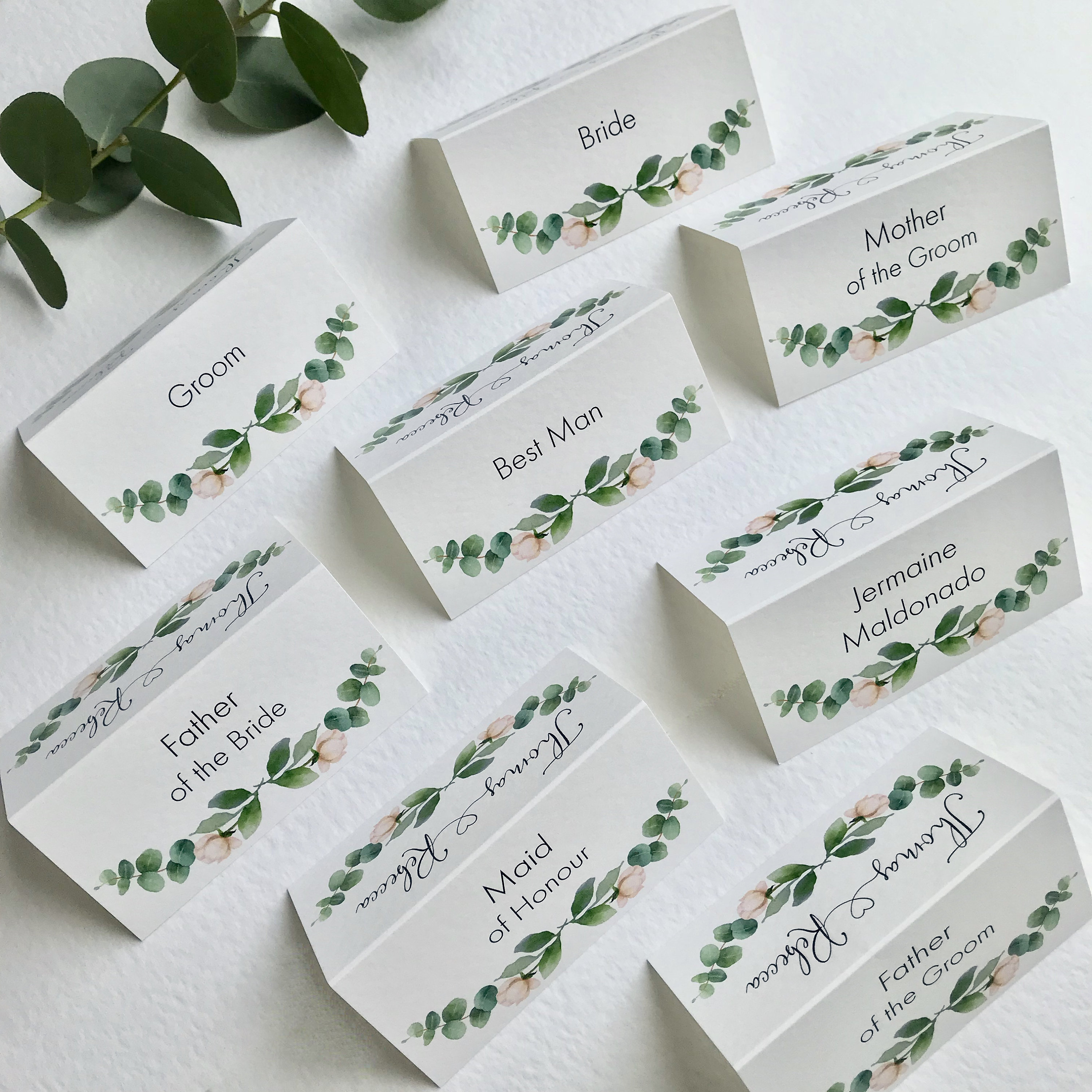 wedding place cards personalised with guest name menu choice name
