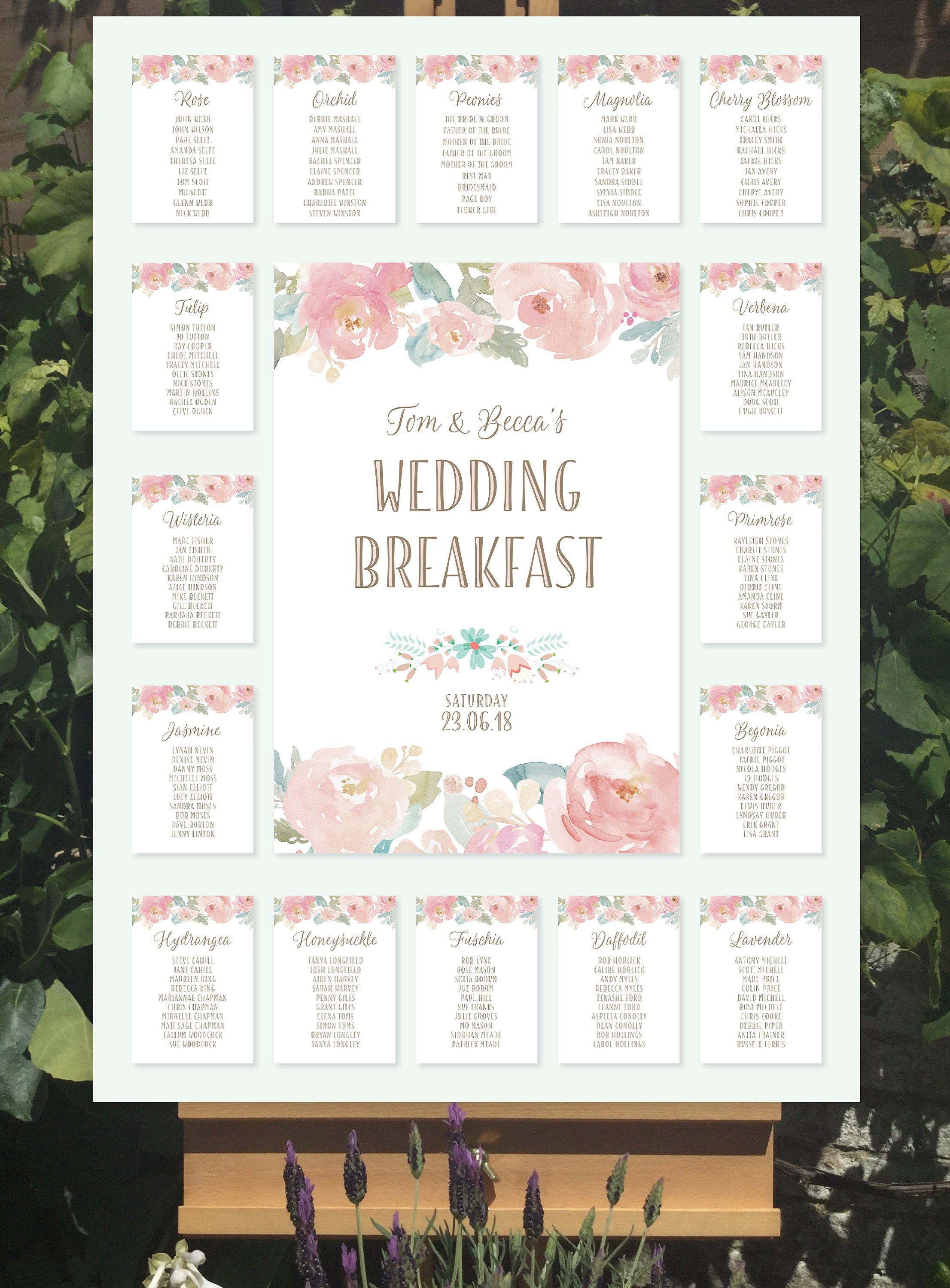 Large Wedding Table And Seating Plan Watercolour Peonies Design
