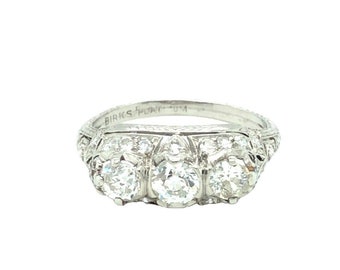 Art Deco 1.30 Cttw, Three Stone Diamond Platinum Ring Signed Birks