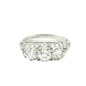 Art Deco 1.30 Cttw, Three Stone Diamond Platinum Ring Signed Birks