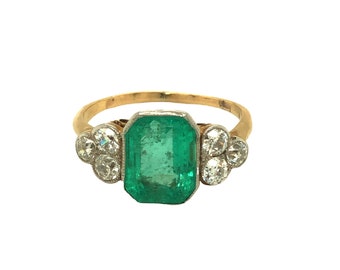 GIA Certified Art Deco Emerald and Diamond Ring 18k Yellow Gold