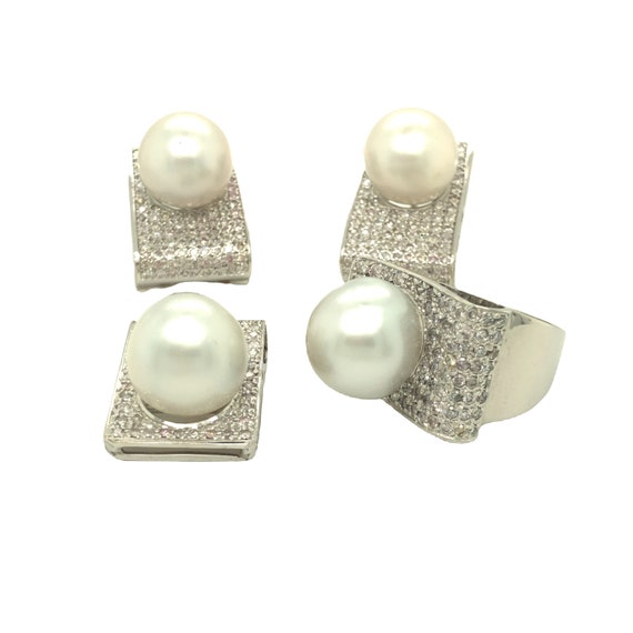 South Sea Pearl and Diamond Ring, Earrings, and P… - image 1