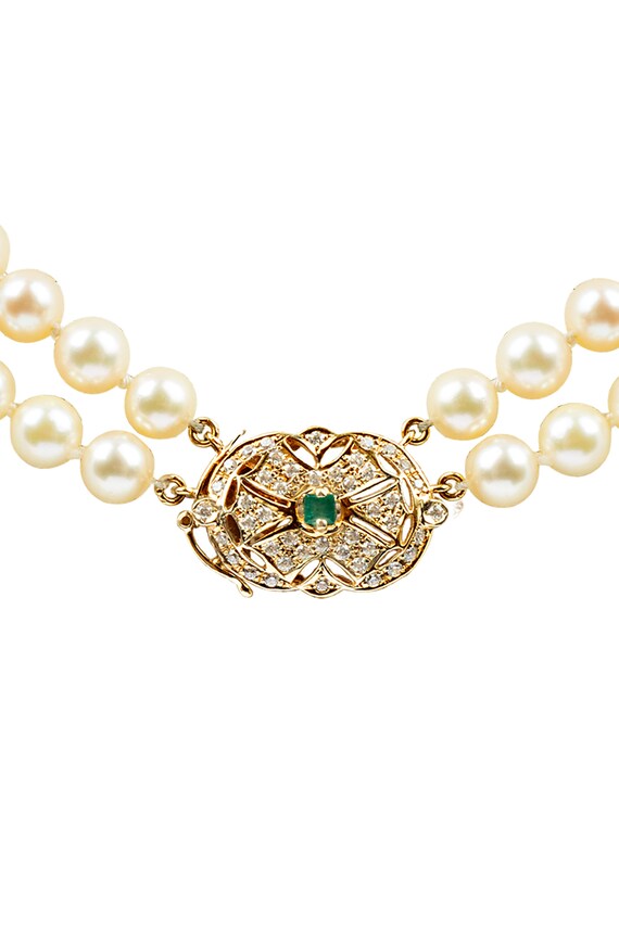 Double Strand Pearl Diamond and Emerald Necklace - image 2