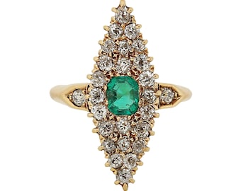 Victorian Navette Emerald and Diamond Ring