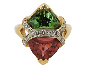 Green and Pink Tourmaline and Diamond Ring