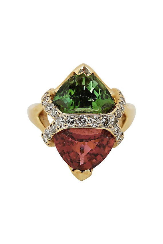 Green and Pink Tourmaline and Diamond Ring