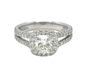 Gabriel&Co 1.15 Carat Cushion Cut Diamond Halo Split Shank Ring 14k White Gold