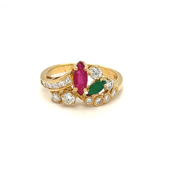 Cluster Floral Gemstone Ruby, Emerald, Diamond Ri… - image 1