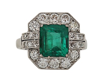 GIA Certified Art Deco Colombian Emerald and Diamond Ring