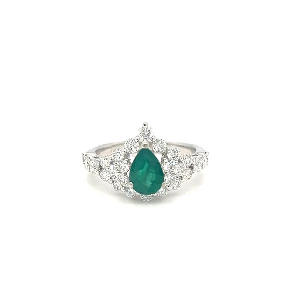 Pear Shaped Emerald and Diamond Cluster Ring 18k … - image 1