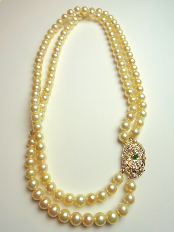 Double Strand Pearl Diamond and Emerald Necklace - image 4