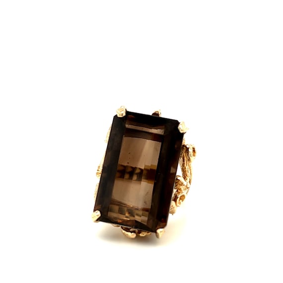30 carat Smokey Quartz Foliate Motif Ring 14k Yellow Gold
