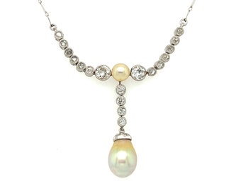 Collar colgante de platino con perla eduardiana y diamantes de talla europea antigua