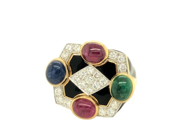 David Webb Black Enamel Ruby Emerald Sapphire Diamond Ring 18K Yellow Gold and Platinum