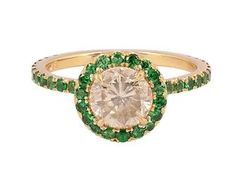 Gems Are Forever 1.33 Carat Round Brilliant Diamond and Tsavorite Halo Ring