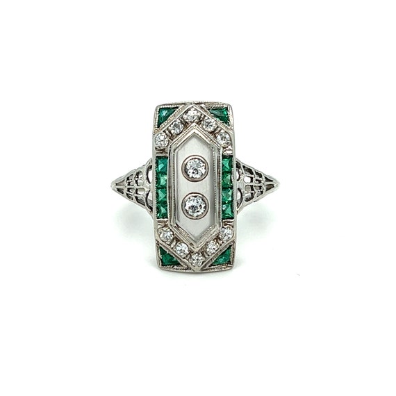 Edwardian Diamond, Emerald, Quartz Plaque Ring 18… - image 1
