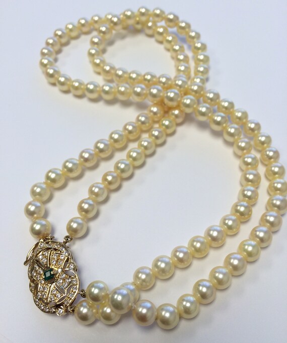 Double Strand Pearl Diamond and Emerald Necklace - image 3