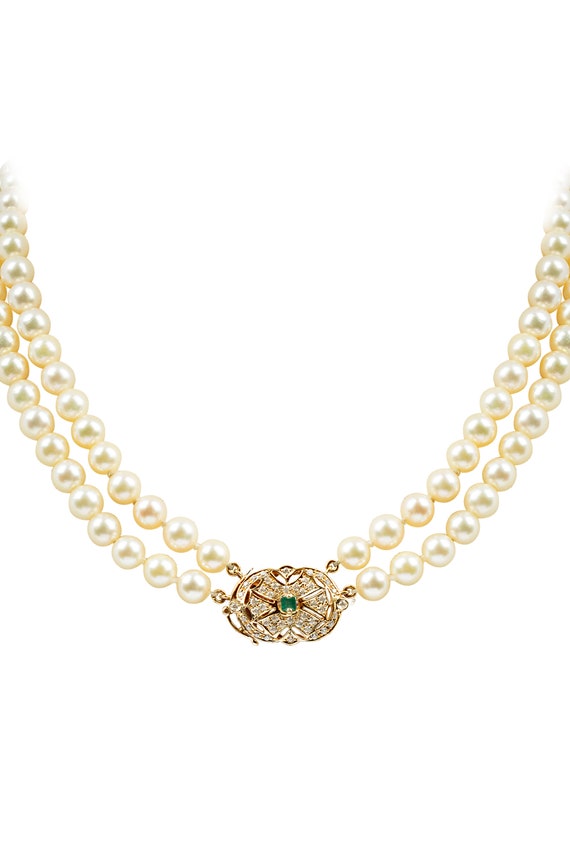 Double Strand Pearl Diamond and Emerald Necklace