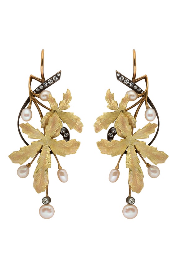 Art Nouveau Foliate Pearl and Diamond Earrings