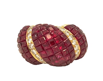 Retro 1940s Invisible Set Square Ruby and Diamond Dome Ring 18K Yellow Gold