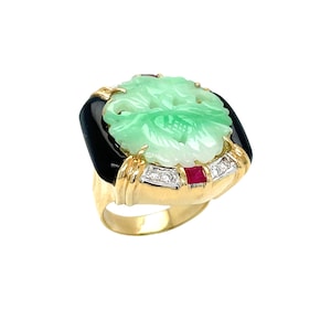 18K Yellow Gold Carved Jade, Diamond, Onyx Ruby Ring