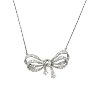Antique Platinum/ 18K White Gold Antique Cut Diamond Bow Ribbon Necklace Pendant