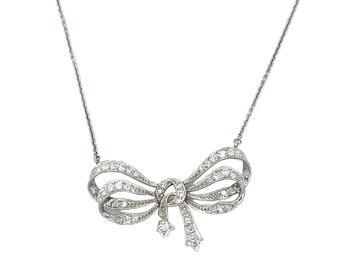 Antiek platina/ 18 kt witgoud antiek geslepen diamanten strikketting hanger