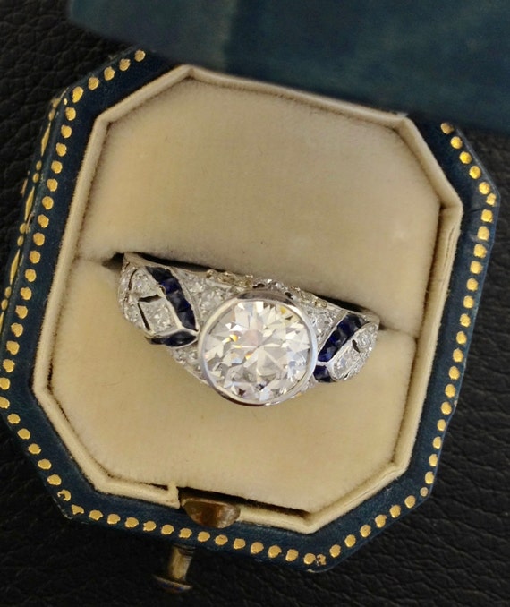 Art Deco 2 carat Diamond and Sapphire Platinum Rin