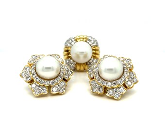 Estate Set of Pearl and Diamond Ring and Earrings Starburst 18k Yellow Gold