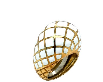 David Webb Platinum & 18K Yellow Gold White Enamel Checkerboard Bombe Dome Ring