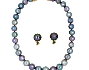 Denise Roberge 22k Yellow Gold Black Tahitian Pearl Necklace & Earring Set