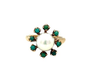 Antique Turquoise Halo Pearl Cluster Ring in 10k Yellow Gold