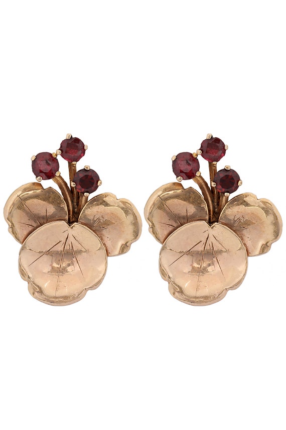 Vintage Ruby Leaf Floral Earrings 14K Yellow Gold