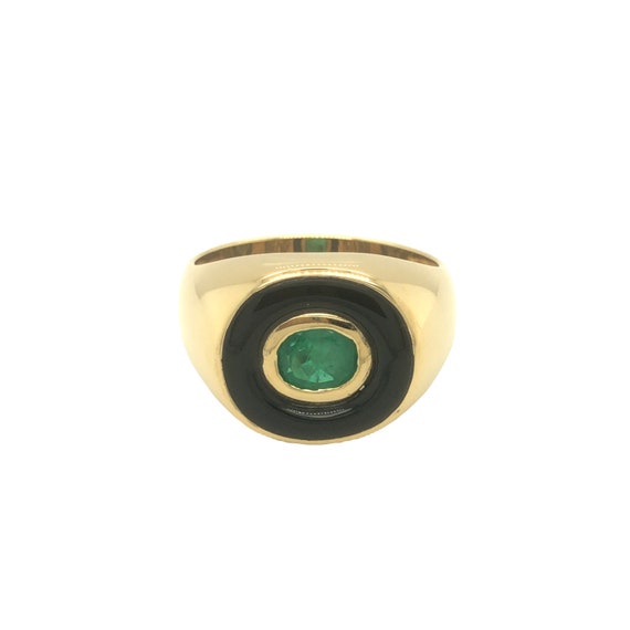 Vintage Emerald and Onyx Men's Ring 18K Yellow Go… - image 1