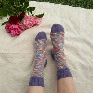 Hand-Knit Striped Wool Socks: Violet Rainbow Unicorn Colors, EU 38-39