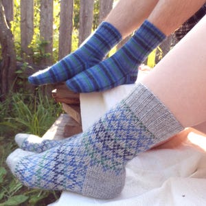 Hand Knit Blue Wool Socks: Warm Winter Hiking Socks