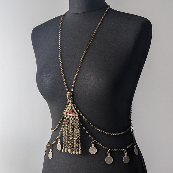 Tribal Fusion Kuchi coin & pendant body chain | Turkoman button body drape